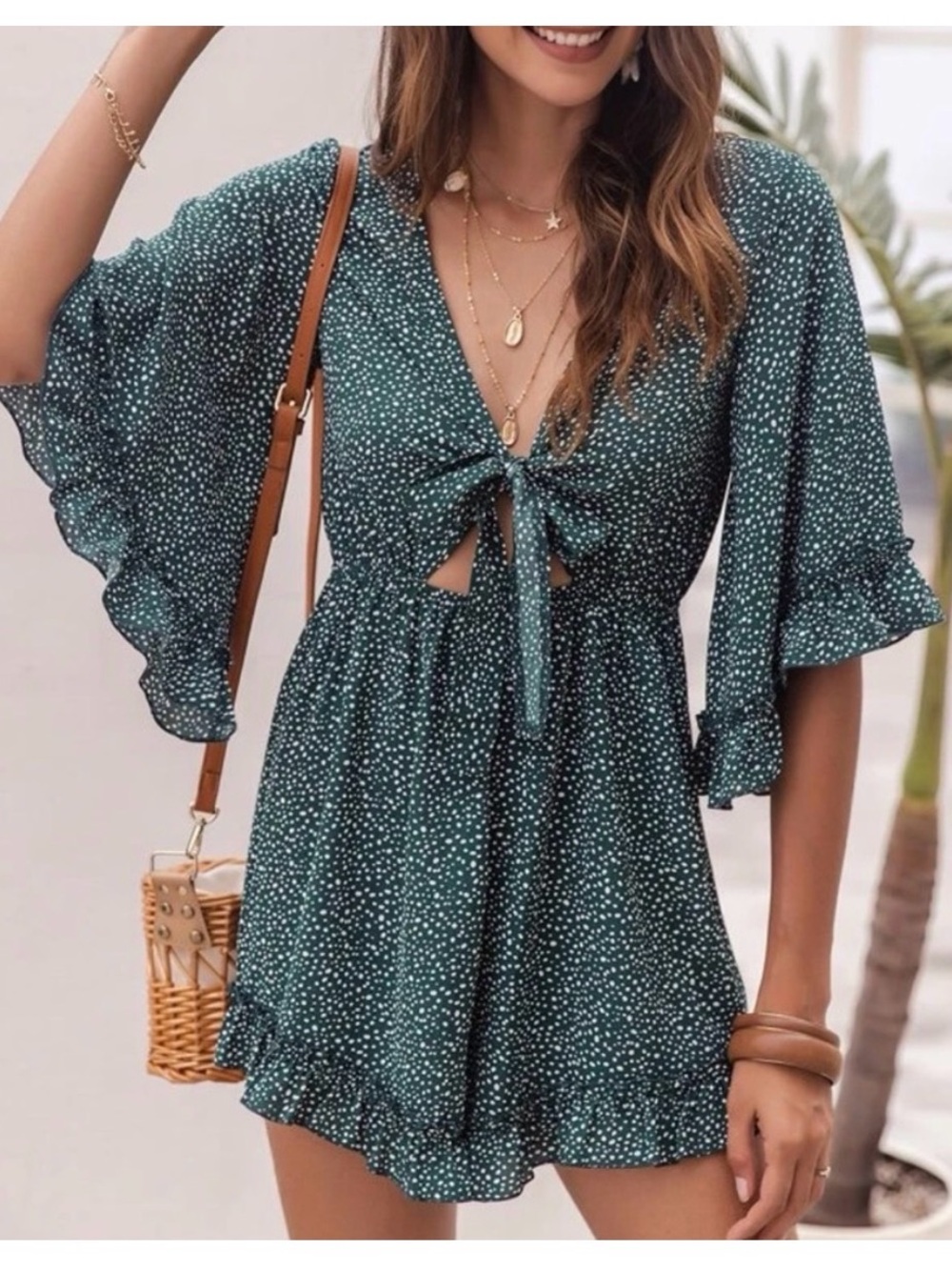 SHEIN Sage Green Polka Dot Tie-Front Tunic Romper